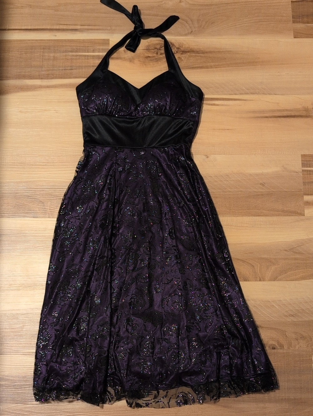 Women's Purple Halter Cocktail Dress with Black Glitter Overlay